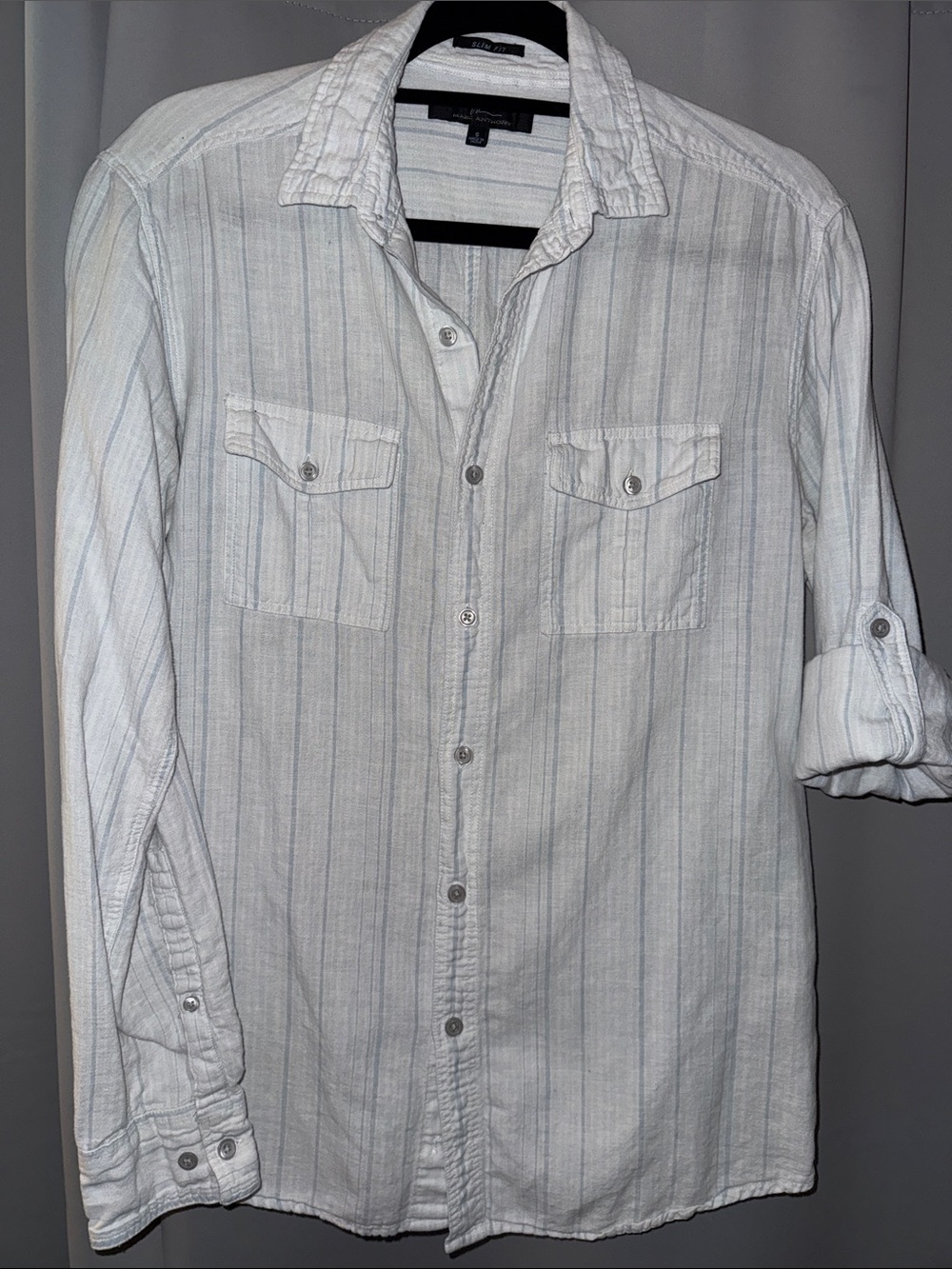 Marc Anthony White Shirt with Light Blue Pinstripes Button-Down
